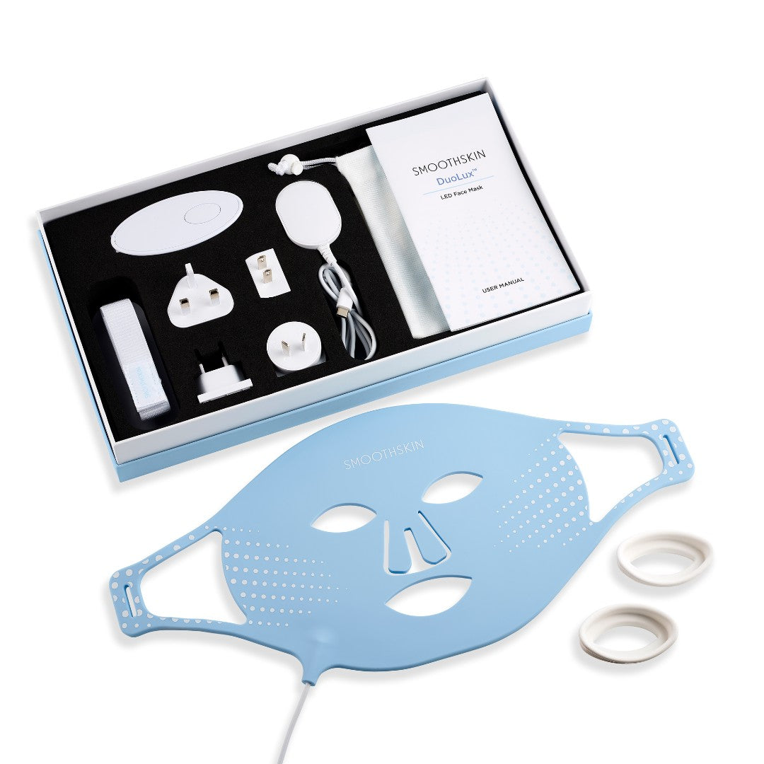 SmoothSkin DuoLux Red light therapy LED face mask & hydrating skincare bundle with 15 hydrogel sheet masks